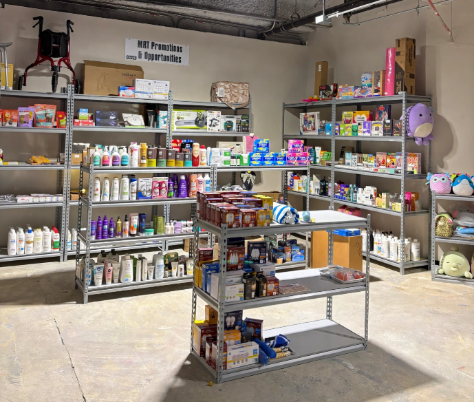 Retail-packaged merchandise on display at the MRT Promotions & Opportunities showroom