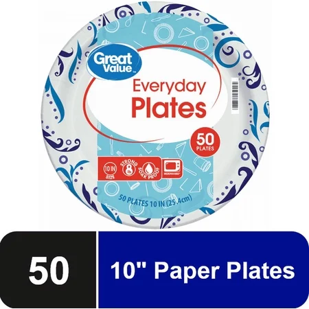 Great Value Everyday Strong  Soak Proof  Microwave Safe  Disposable Paper Dinner Plates  10 inch  50 Plates  Patterned