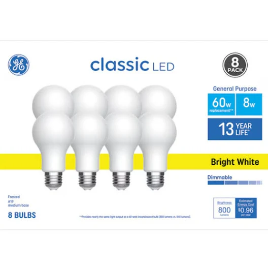 GE Classic 60 -Watt EQ A19 Bright White Medium screw base E26 Dimmable LED General purpose Light Bulb 8 -Pack